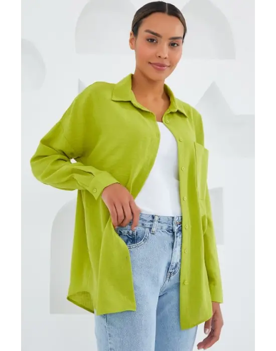 20153 Tek Cepli Oversize Keten Gömlek - Yağ Yeşil