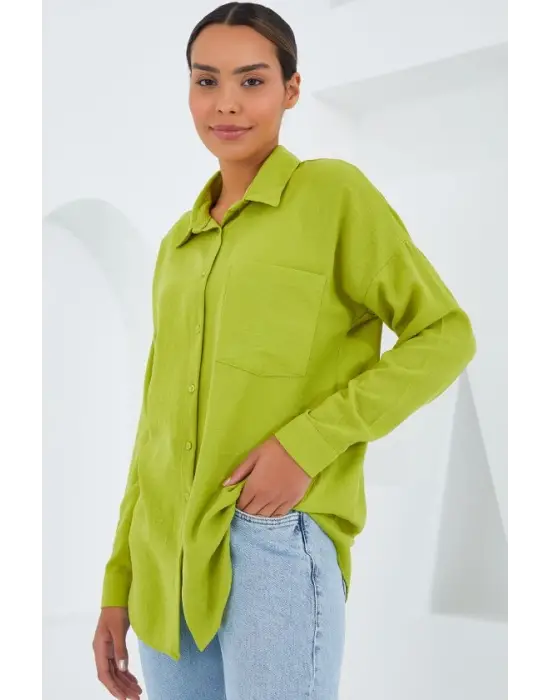 20153 Tek Cepli Oversize Keten Gömlek - Yağ Yeşil