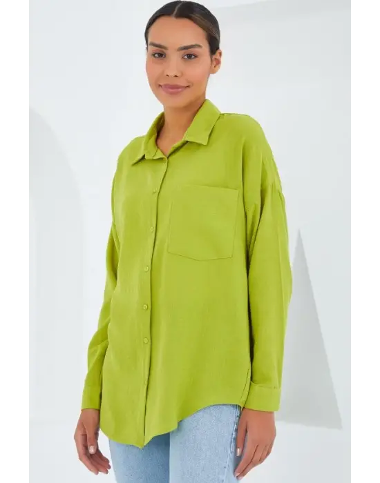 20153 Tek Cepli Oversize Keten Gömlek - Yağ Yeşil