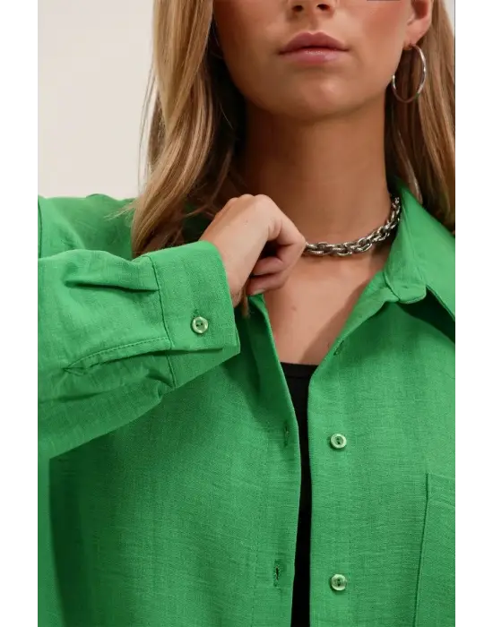 20153 Tek Cepli Oversize Keten Gömlek - Yeşil