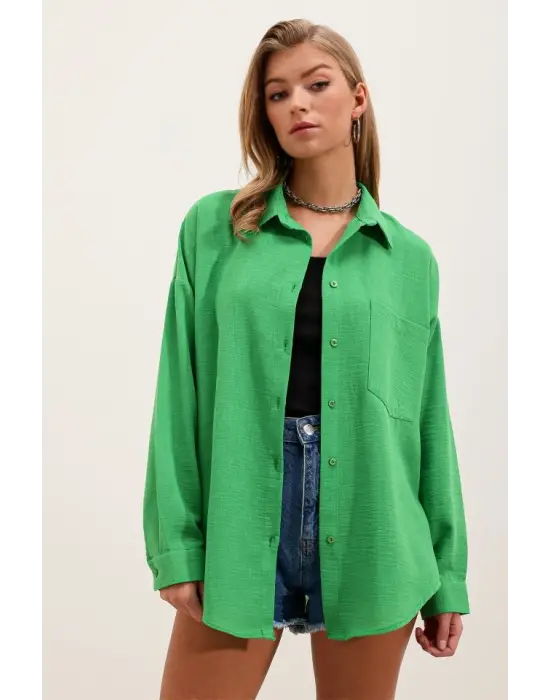 20153 Tek Cepli Oversize Keten Gömlek - Yeşil