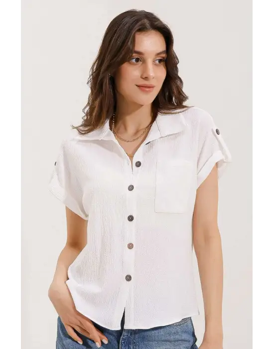 20187 Kısa Kol Oversize Örme Gömlek - Beyaz