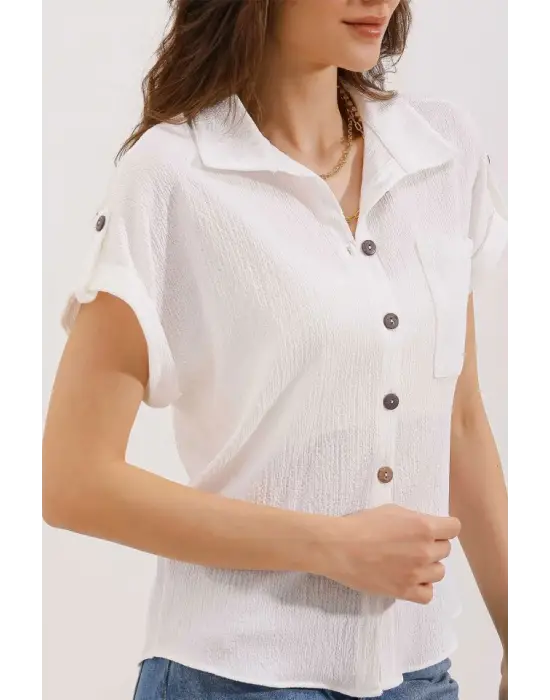 20187 Kısa Kol Oversize Örme Gömlek - Beyaz