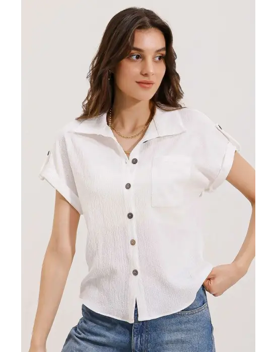 20187 Kısa Kol Oversize Örme Gömlek - Beyaz
