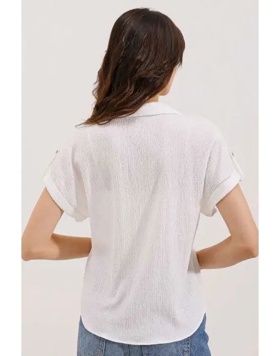 20187 Kısa Kol Oversize Örme Gömlek - Beyaz