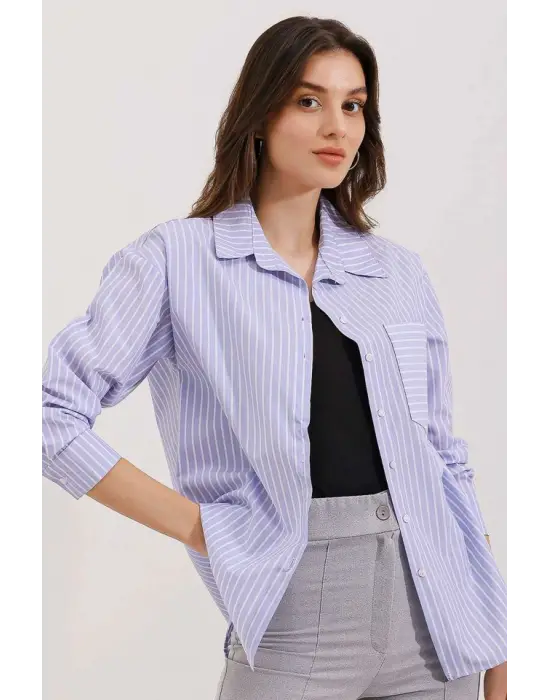 20205 Çizgili Oversize Gömlek - Mavi