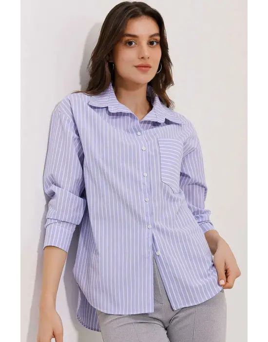 20205 Çizgili Oversize Gömlek - Mavi