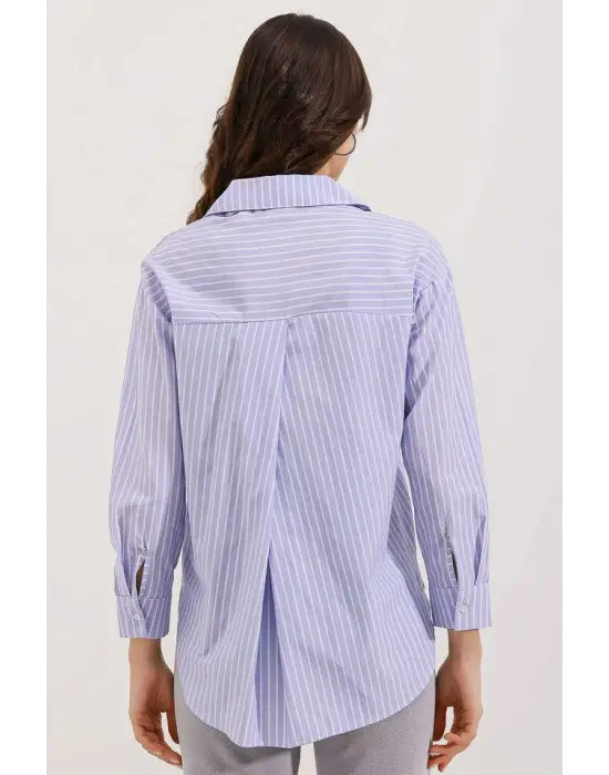 20205 Çizgili Oversize Gömlek - Mavi
