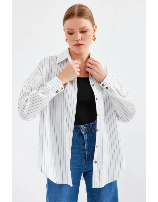 20208 Çizgili Oversize Uzun Basic Gömlek - Beyaz