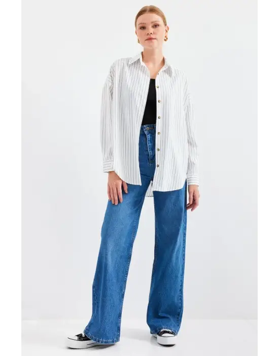 20208 Çizgili Oversize Uzun Basic Gömlek - Beyaz