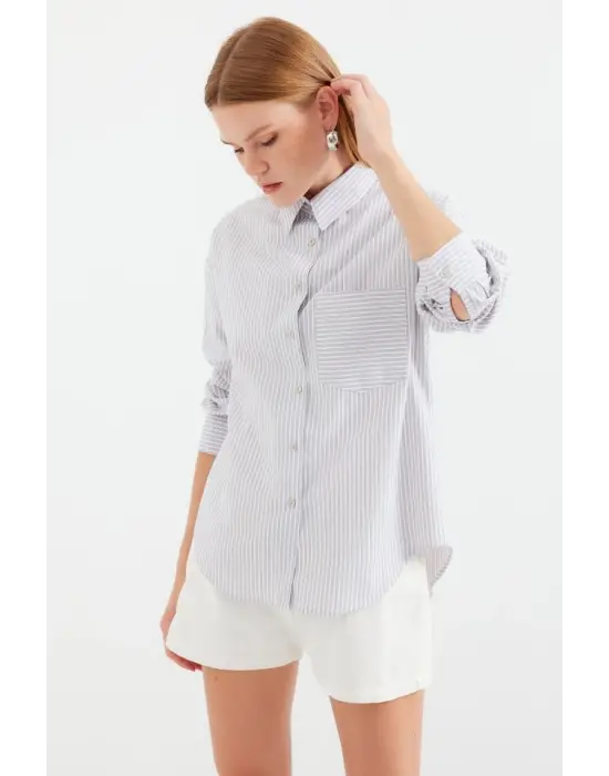 20212 Tek Cepli Çizgili Oversize Gömlek - Bej