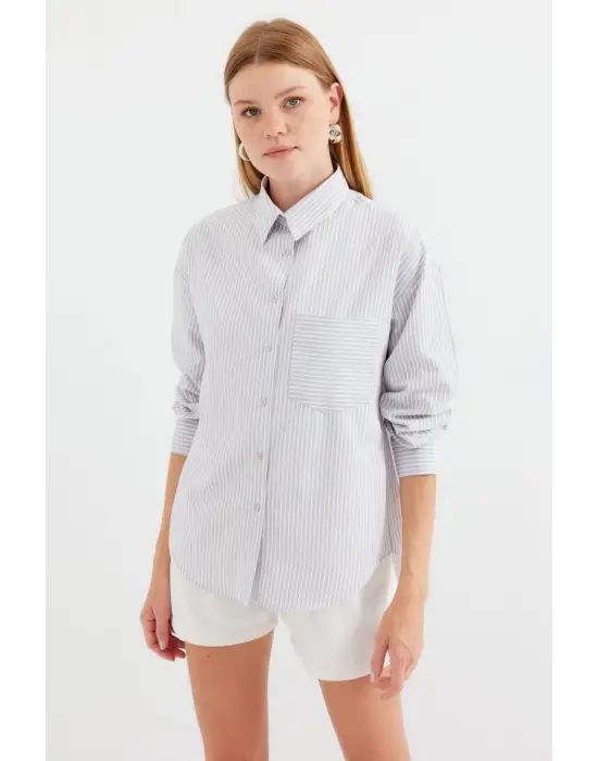 20212 Tek Cepli Çizgili Oversize Gömlek - Bej