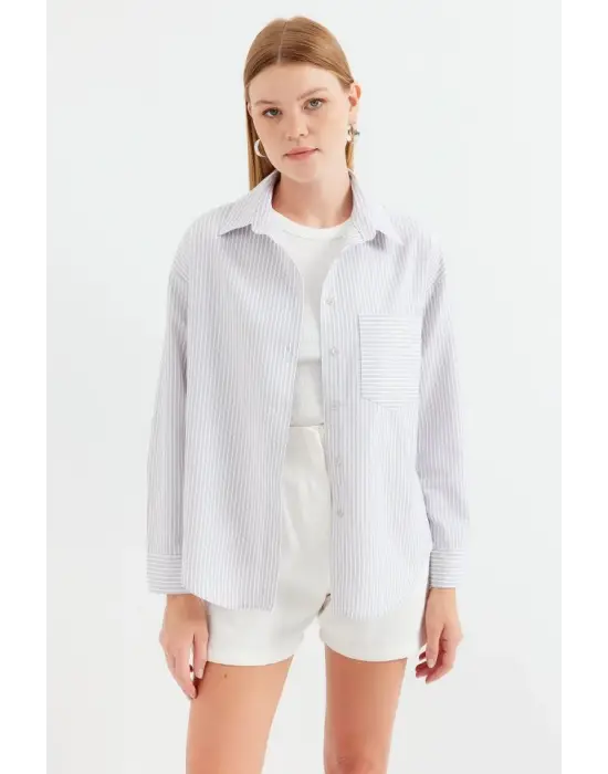 20212 Tek Cepli Çizgili Oversize Gömlek - Bej