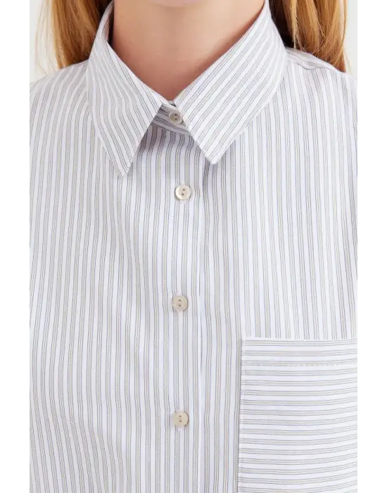 20212 Tek Cepli Çizgili Oversize Gömlek - Bej