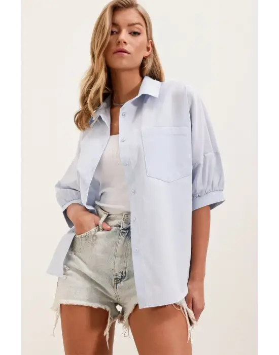 20213 Oversize Kısa Kol Basic Gömlek - Bebe Mavi