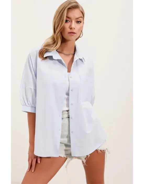 20213 Oversize Kısa Kol Basic Gömlek - Bebe Mavi