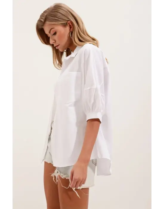 20213 Oversize Kısa Kol Basic Gömlek - Beyaz