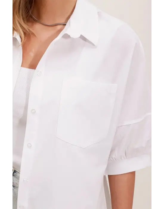 20213 Oversize Kısa Kol Basic Gömlek - Beyaz