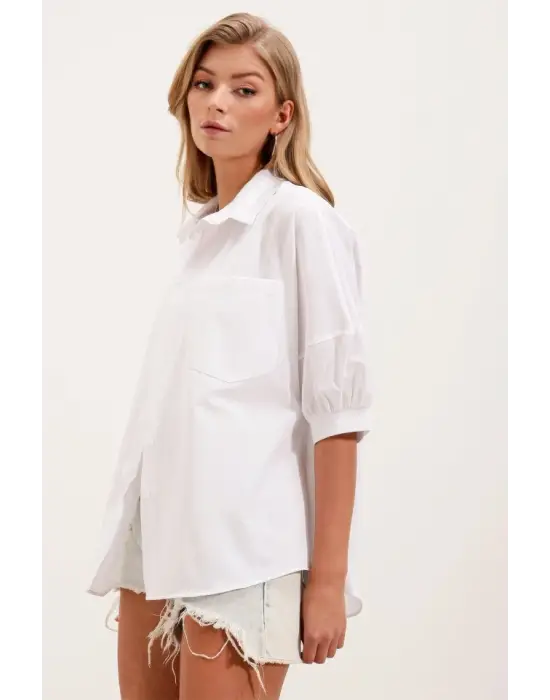 20213 Oversize Kısa Kol Basic Gömlek - Beyaz
