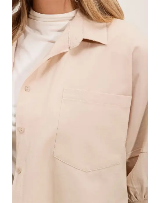 20213 Oversize Kısa Kol Basic Gömlek - Krem