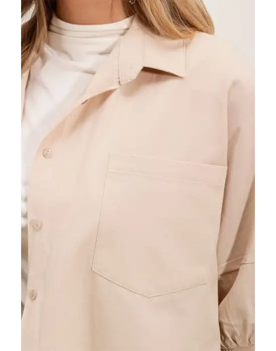 20213 Oversize Kısa Kol Basic Gömlek - Krem