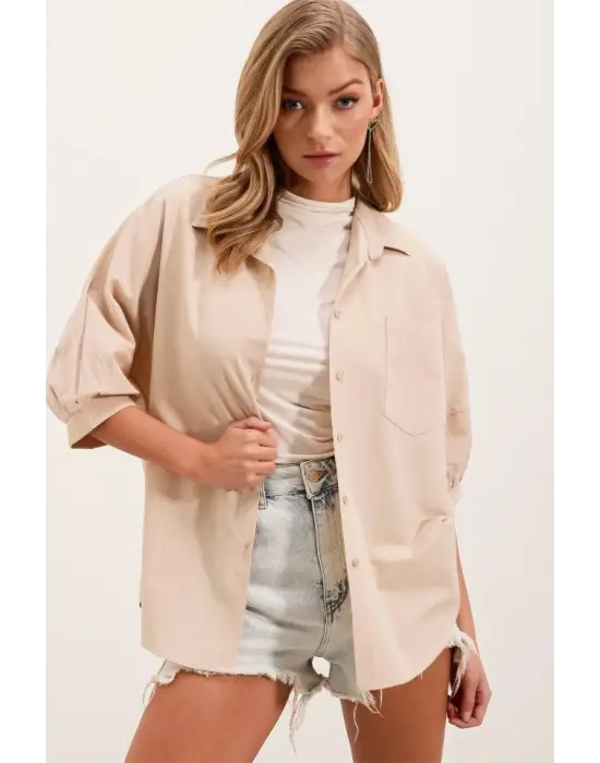 20213 Oversize Kısa Kol Basic Gömlek - Krem