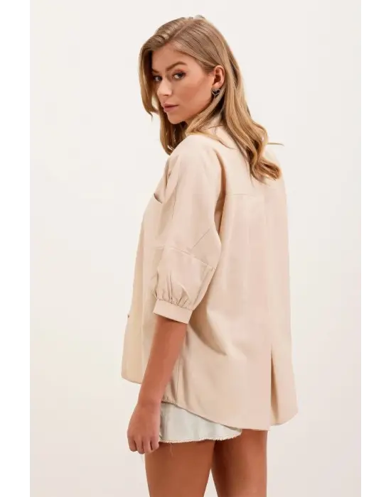 20213 Oversize Kısa Kol Basic Gömlek - Krem