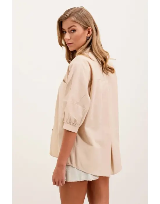 20213 Oversize Kısa Kol Basic Gömlek - Krem