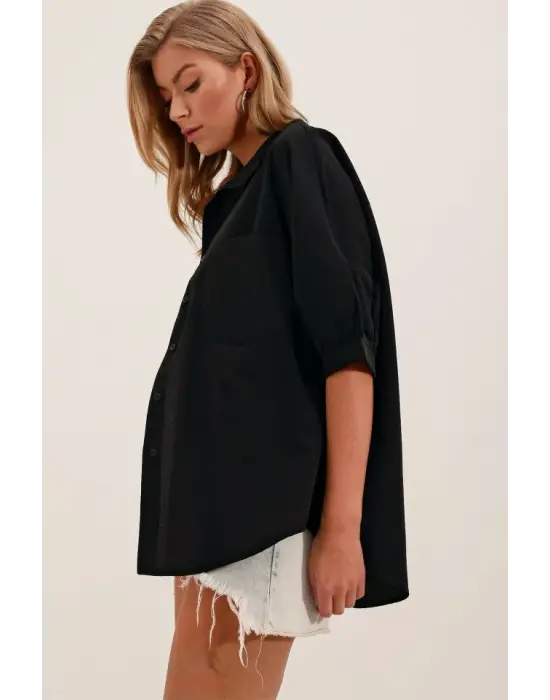 20213 Oversize Kısa Kol Basic Gömlek - Siyah