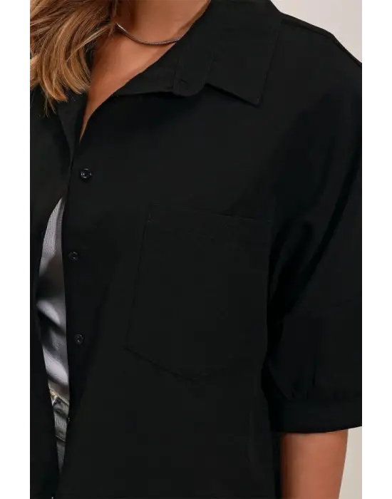 20213 Oversize Kısa Kol Basic Gömlek - Siyah
