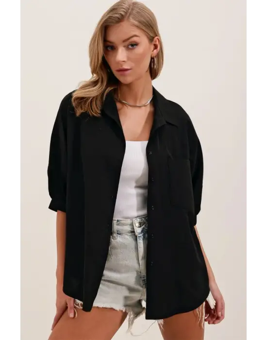 20213 Oversize Kısa Kol Basic Gömlek - Siyah