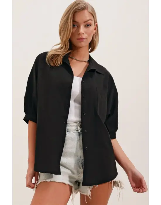 20213 Oversize Kısa Kol Basic Gömlek - Siyah