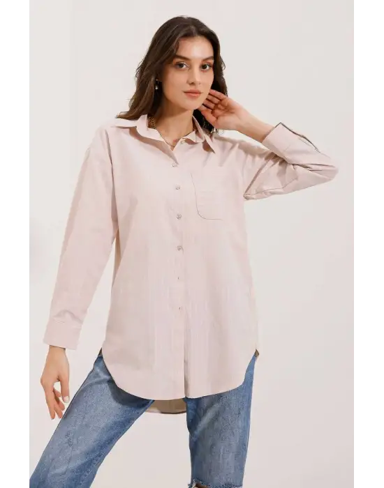 20217 Cep Detaylı Çizgili Oversize Gömlek - Bej