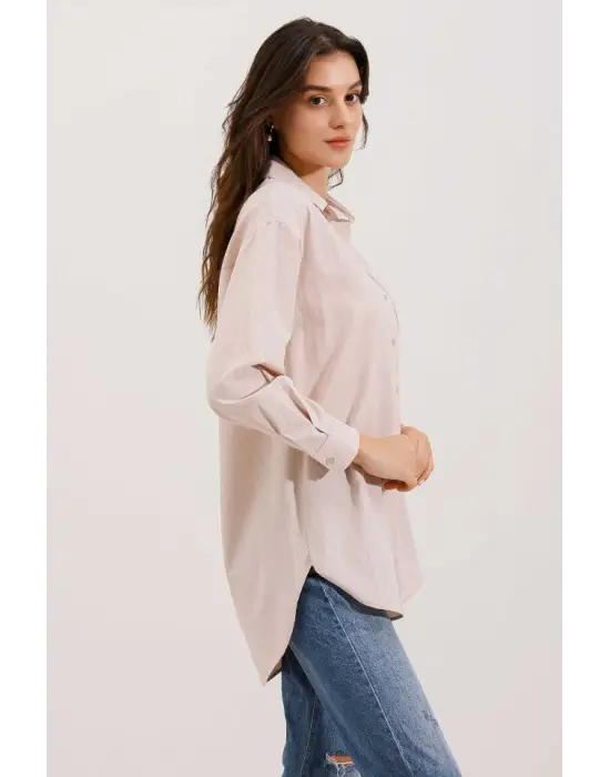 20217 Cep Detaylı Çizgili Oversize Gömlek - Bej