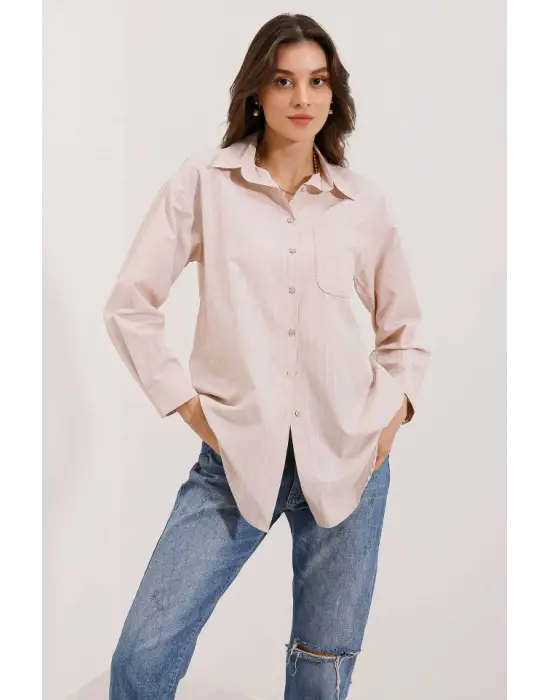 20217 Cep Detaylı Çizgili Oversize Gömlek - Bej