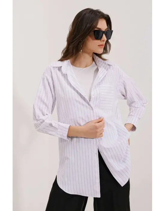 20217 Cep Detaylı Çizgili Oversize Gömlek - Beyaz