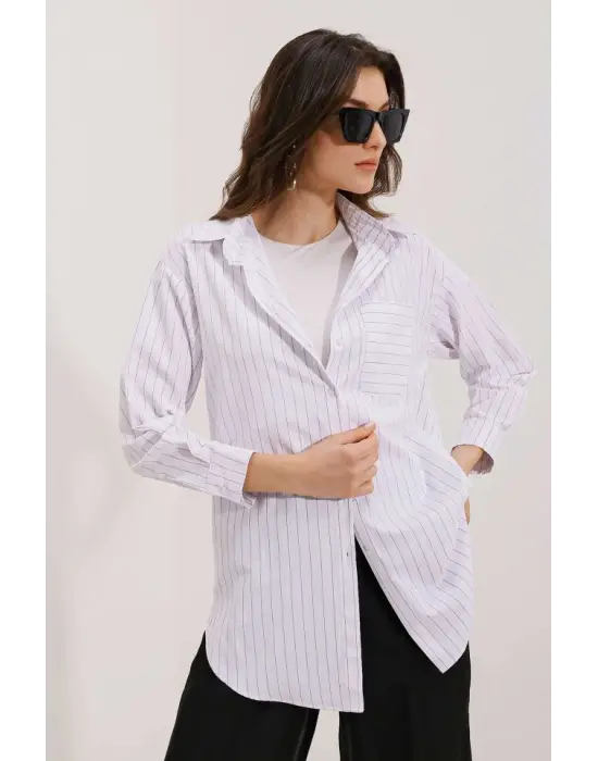 20217 Cep Detaylı Çizgili Oversize Gömlek - Beyaz