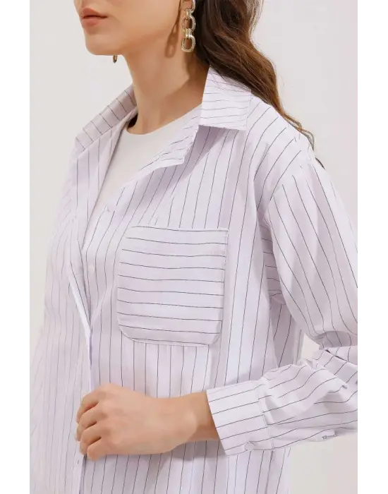 20217 Cep Detaylı Çizgili Oversize Gömlek - Beyaz