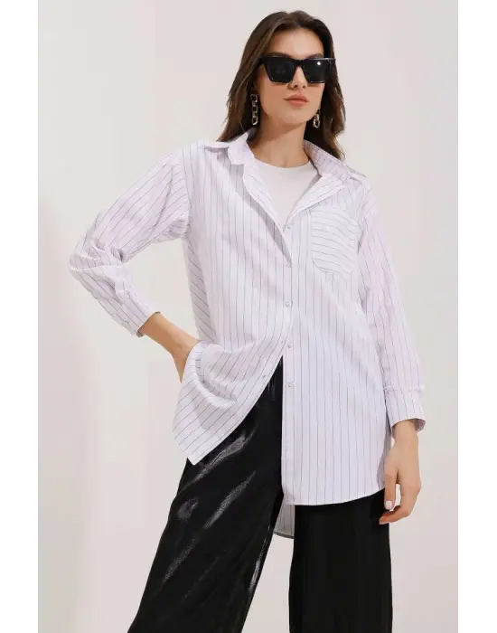20217 Cep Detaylı Çizgili Oversize Gömlek - Beyaz