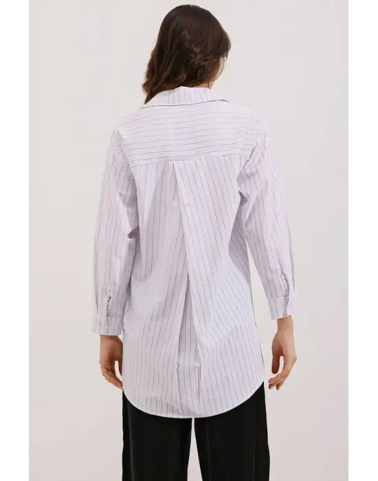 20217 Cep Detaylı Çizgili Oversize Gömlek - Beyaz