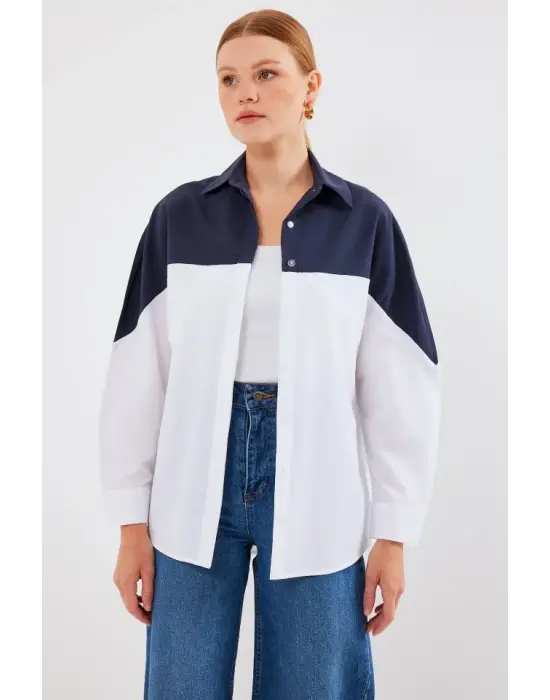 20221 Blok Renkli Oversize Gömlek - Lacivert