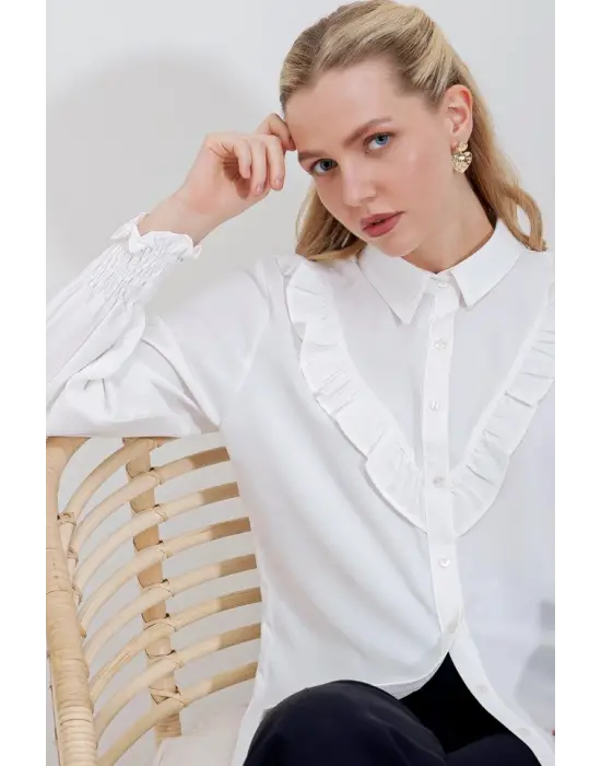 20223 Fırfırlı Uzun Kol Gömlek - Beyaz