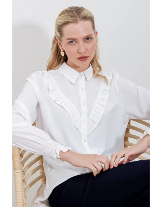 20223 Fırfırlı Uzun Kol Gömlek - Beyaz