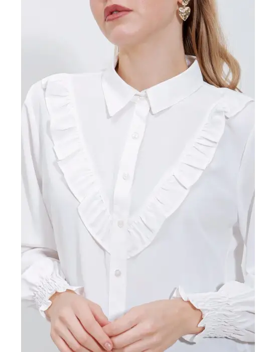 20223 Fırfırlı Uzun Kol Gömlek - Beyaz