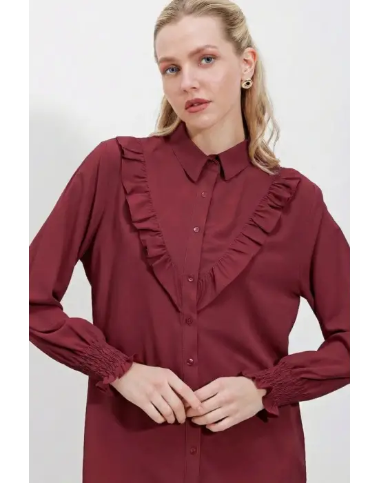 20223 Fırfırlı Uzun Kol Gömlek - Bordo