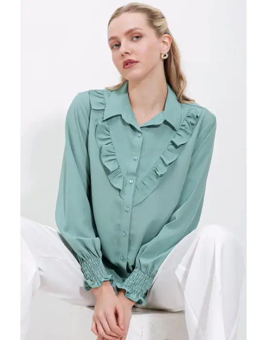 20223 Fırfırlı Uzun Kol Gömlek - Çağla