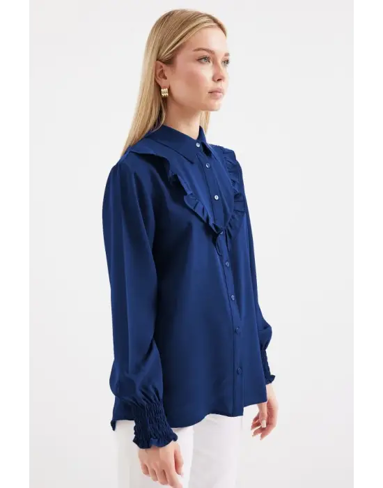 20223 Fırfırlı Uzun Kol Gömlek - D. İndigo
