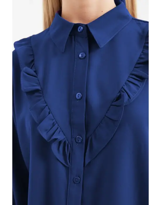 20223 Fırfırlı Uzun Kol Gömlek - D. İndigo