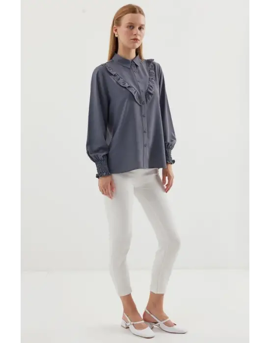 20223 Fırfırlı Uzun Kol Gömlek - Gri