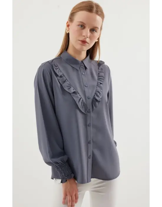 20223 Fırfırlı Uzun Kol Gömlek - Gri